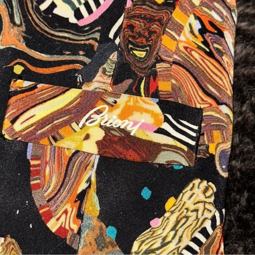 Brioni 100% Silk Black Multicolor Trippy Astronomical Handkerchief Tie OS Indie